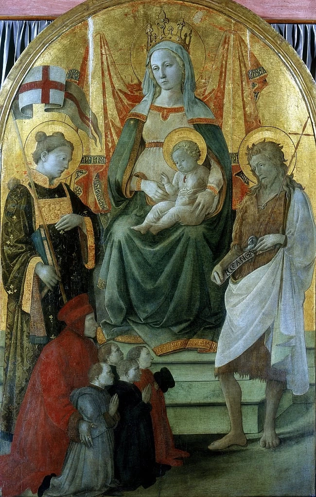Madonna del Ceppo. Madonna col Bambino, santo Stefano, san Giovanni Battista e Francesco di Marco Datini che presenta i quattro Buonomini - Museo di Palazzo Pretorio, Prato